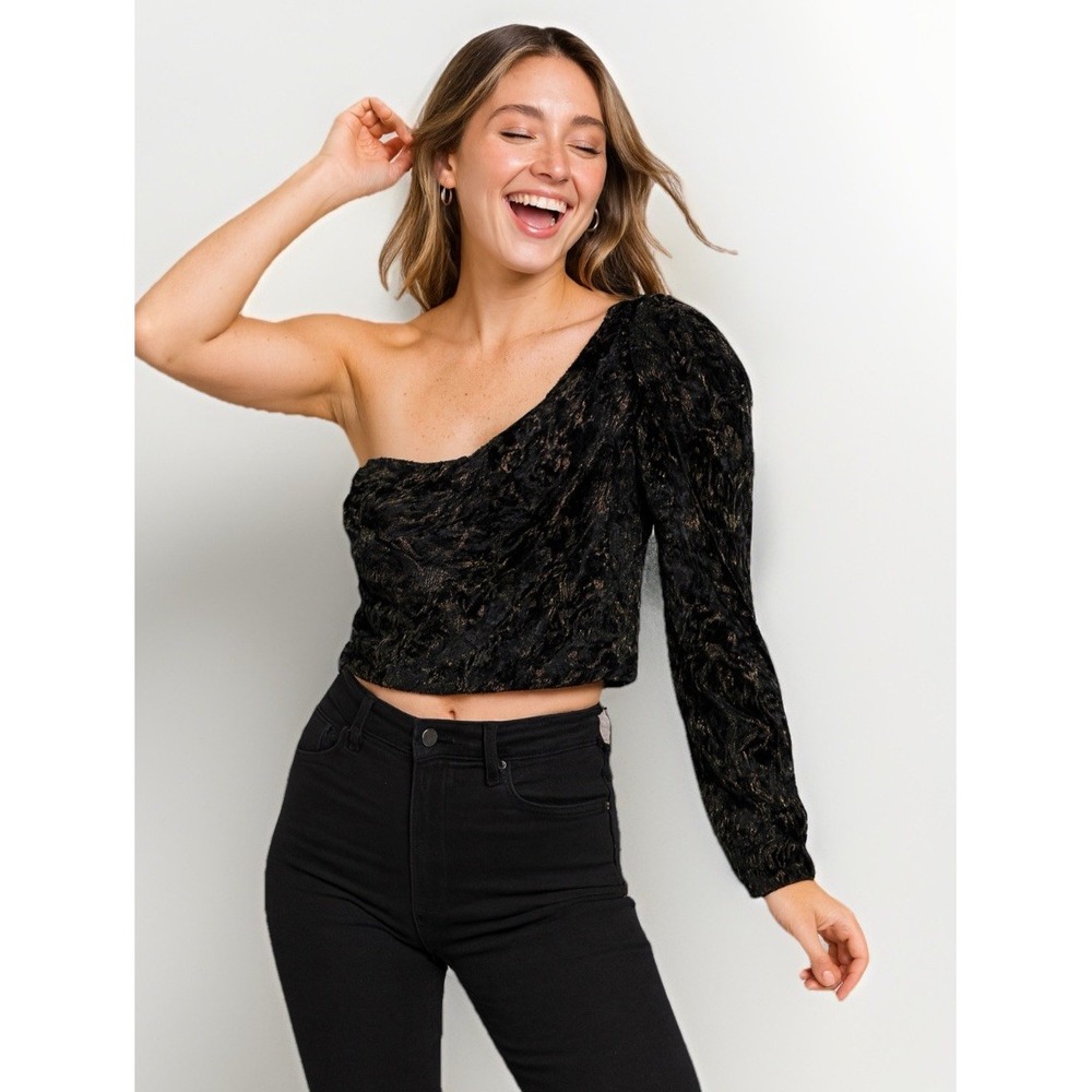 Express One Shoulder Black & Gold Metallic Ruched Crop Top Women's Small Party - Picture 1 of 10